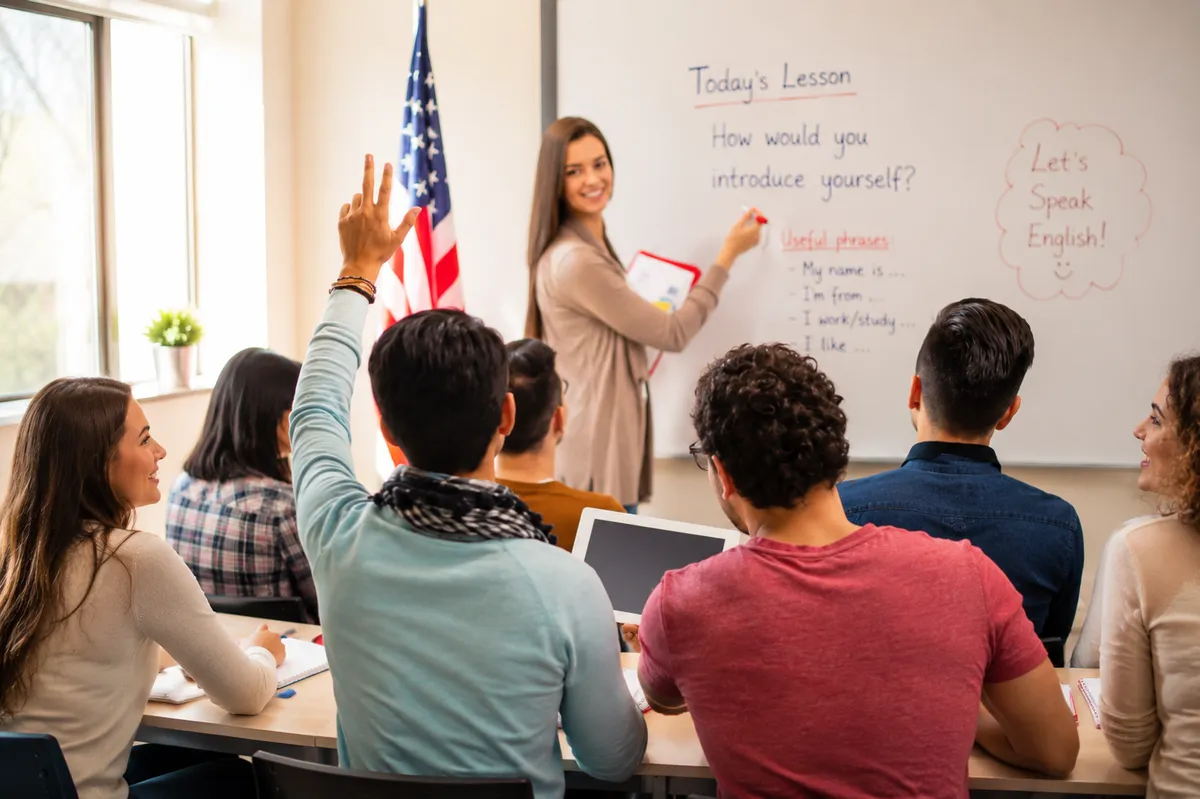 Cours d'anglais en groupe avec une enseignante